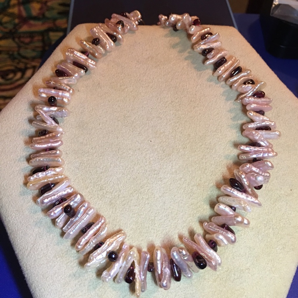 Biwa Freshwater Pearl and Garnet Necklace